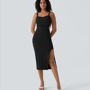 HALARA Black Ribbed Sheath Midi Dress with Square Neck